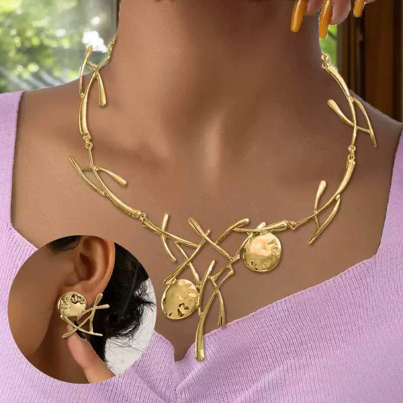 欧美跨境时尚个性金属复古小众设计感高级感项链耳钉套装