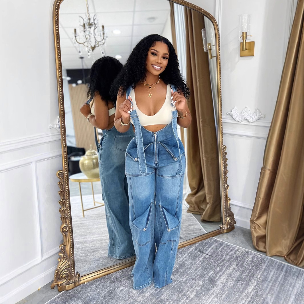 S391400 Cross-border European And American Loose Version High-waisted Denim Overalls, Women's Fashion Casual Wide-leg Jumpsuit_ecoleips.com