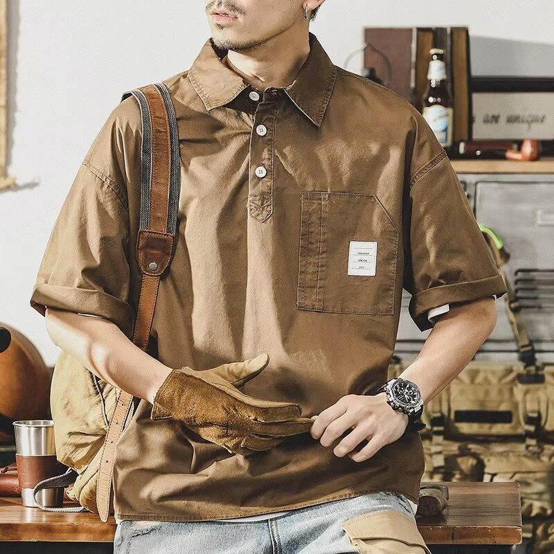 American-Style Heavyweight Vintage Washed Short-Sleeve Polo Shirt for Men, Summer Versatile Trendy Brand Silhouette Loose Japanese-Style T-Shirt for Men