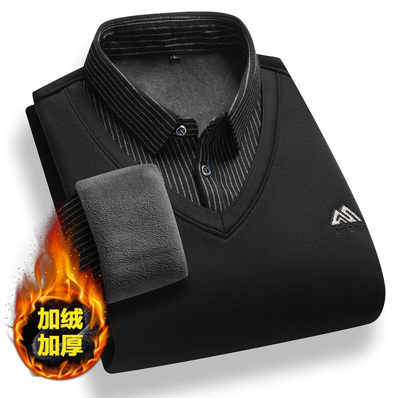 Пол Выходные поддельные два трикотажа мужской рубашки воротник папа зимняя теплая одежда среднего возраста бархатный толстый свитер мужской