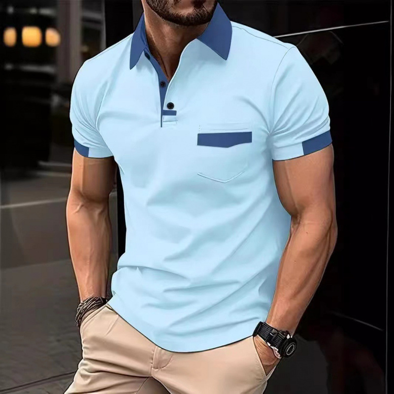 2024 Fashion Amazon New Cross-Border Men's Casual Polo Shirt Lapel Patchwork Pull Button Pure Color