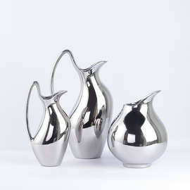 创意银色奶壶不锈钢陶瓷花瓶摆件外贸亚马逊家居装饰品工艺品批发