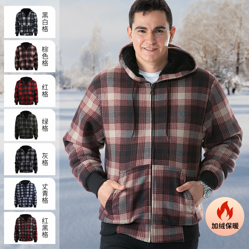 [Cross-border Hot Selling] Amazon Men's European Size Sweater Jacket Youth Striped Plaid Hoodie Winter fleece-lined