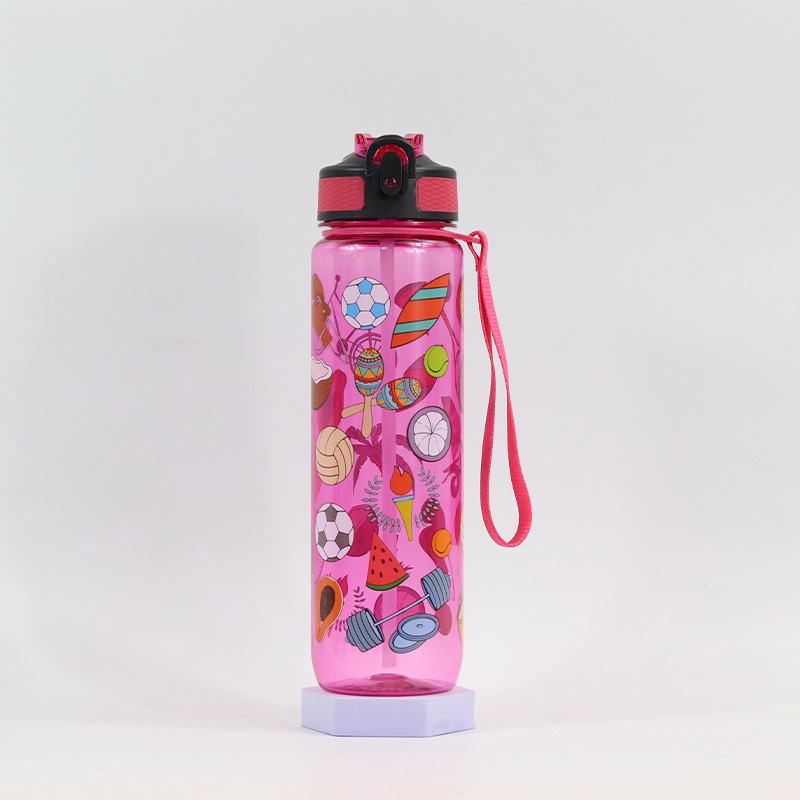 Taza de plástico transparente, 1000ml, tapa de rebote, con escala y pajita, deporte outdoor