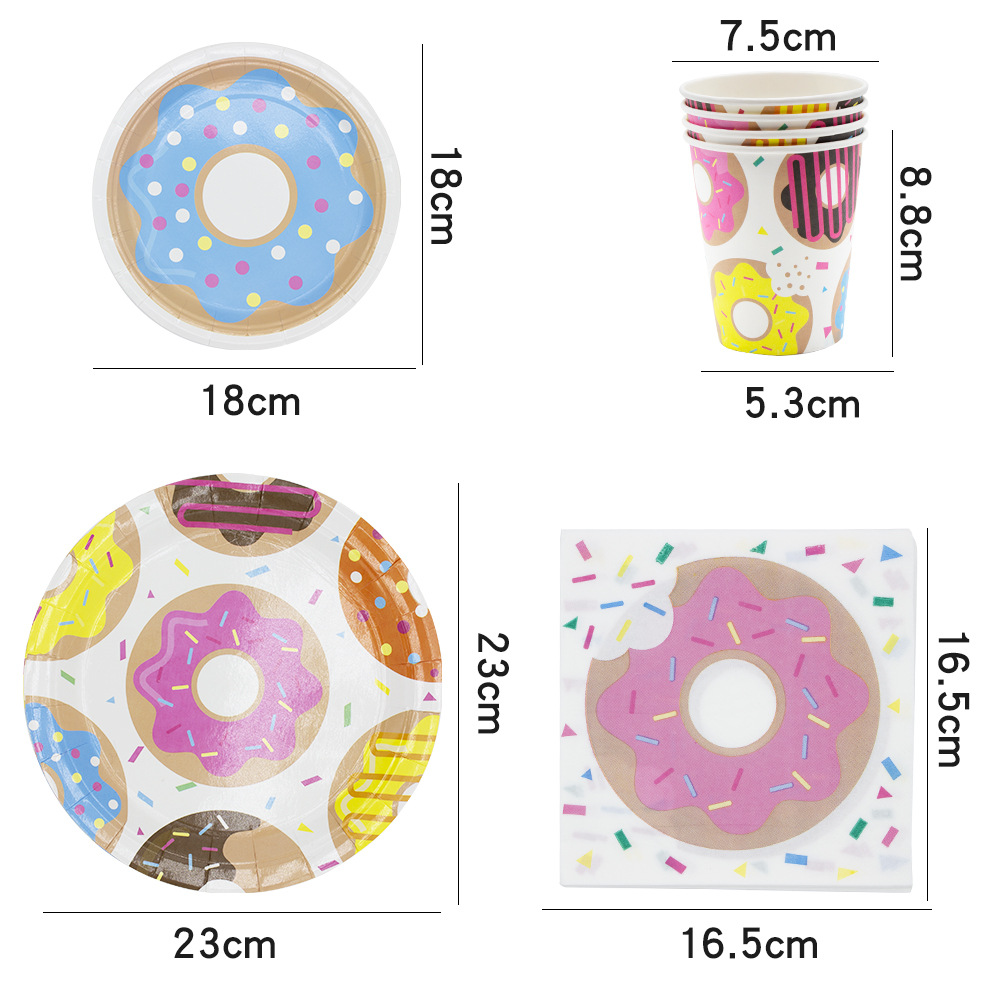 Vajilla con temática de donuts, platos de papel, mantel desechable para cumpleaños infantiles, toallas de papel, vasos de papel, guirnaldas, bolsas de papel, ecológicas