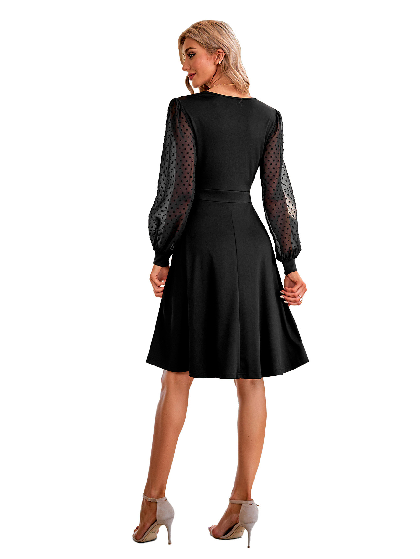 Fashion Solid Color V Neck Long Sleeve Jacquard Polyester Dresses Knee-Length A-Line Skirt