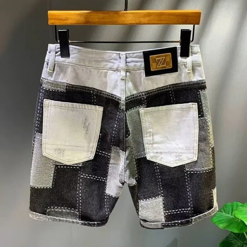 Summer Gray Denim Shorts for Men, Trendy Ripped Straight-Leg Five-Point Pants, New Casual Shorts with Patchwork Design Summer Gray Denim Shorts for Men, Trendy Ripped Straight-Leg Five-Point Pants, New Casual Shorts with Patchwork Design