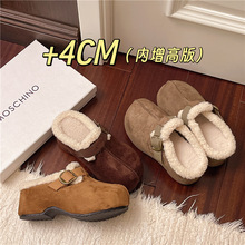 牛皮版~厚底加绒勃肯鞋女新款增高保暖毛毛鞋懒人外穿包头半拖鞋