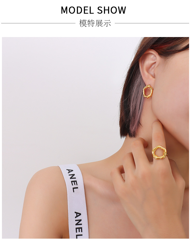 European and American exaggerated geometric irregular titanium steel 18k gold earrings ring