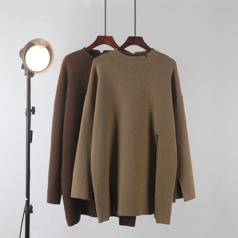 Unique High-Slit Solid Color Round Neck Sweater for Women 2026 Winter Loose Plus Size Fashion Thick Knit Top Ins Style Unique High-Slit Solid Color Round Neck Sweater for Women 2026 Winter Loose Plus Size Fashion Thick Knit Top Ins Style
