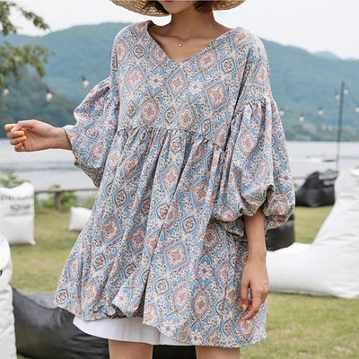 Nation Retro printing horn Dress Mid length version the republic of korea Jenson puff sleeve Easy Charming Miniskirt