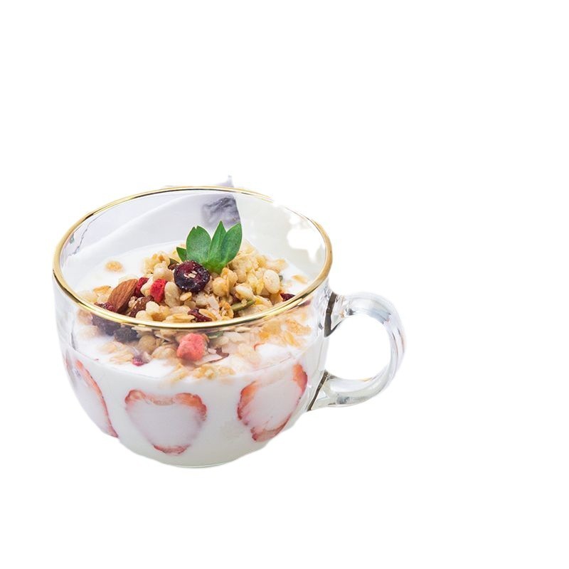 茶色のガラスの朝食カップ蓋とスプーン付き大容量ヨーグルトカップ家庭用朝食ボウル豆乳カップ水 XF|undefined
