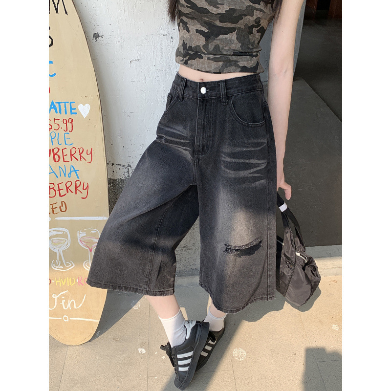 Retro Black Ripped Straight Low-Waist Denim Cropped Shorts for Women