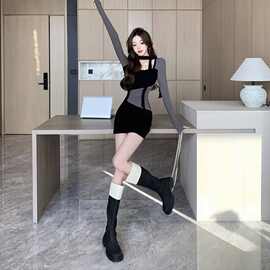 纯欲辣妹拼接撞色连衣裙女2025秋冬新款小众设计感修身包臀短裙子