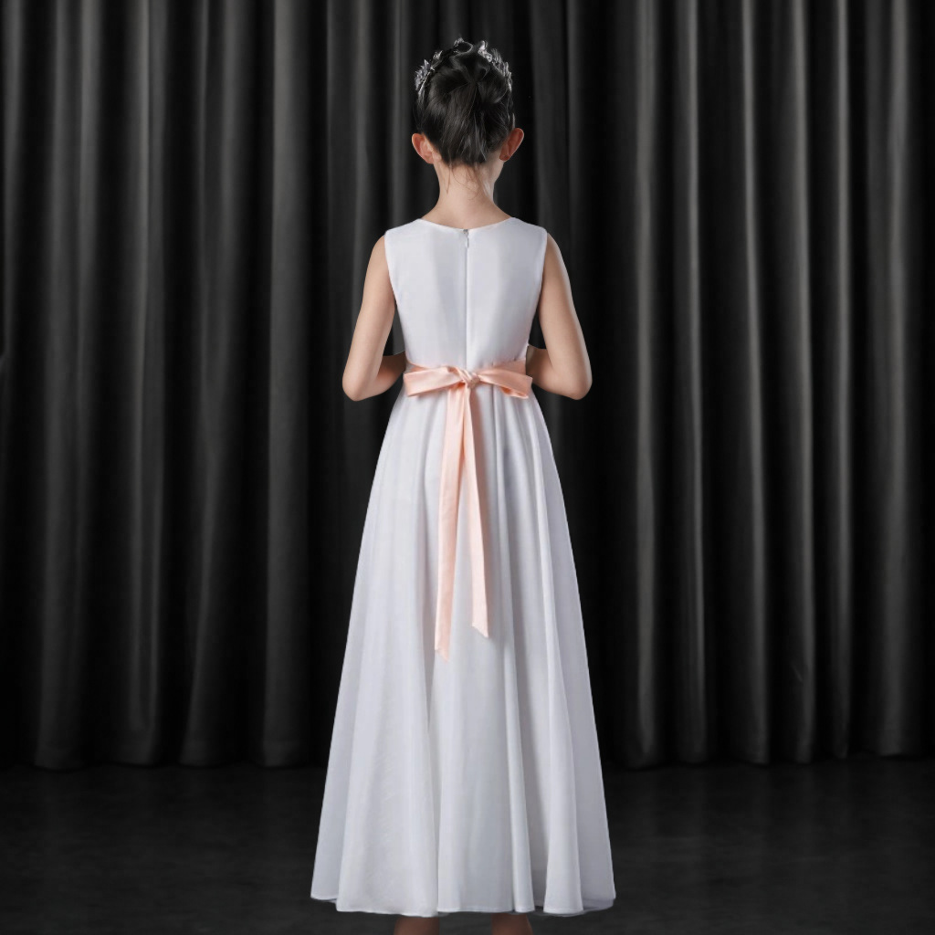 Kleines Host-Kleid, weißes Prinzessinnenkleid, tailliertes langes Kleid für Kinder, Auftrittsoutfit für Chor, Klavier, Violine, Kleinkinder, Mädchen, 3-7 Jahre_voghion.com