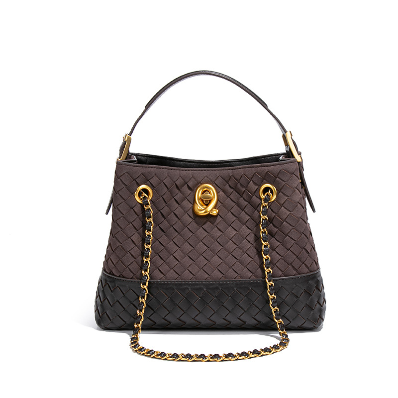 Retro Luxury Woven Bag Contrast Suede Tote Bag For Women 2025 New Bucket Bag Crossbody Chain Bag - Thumbnail 5
