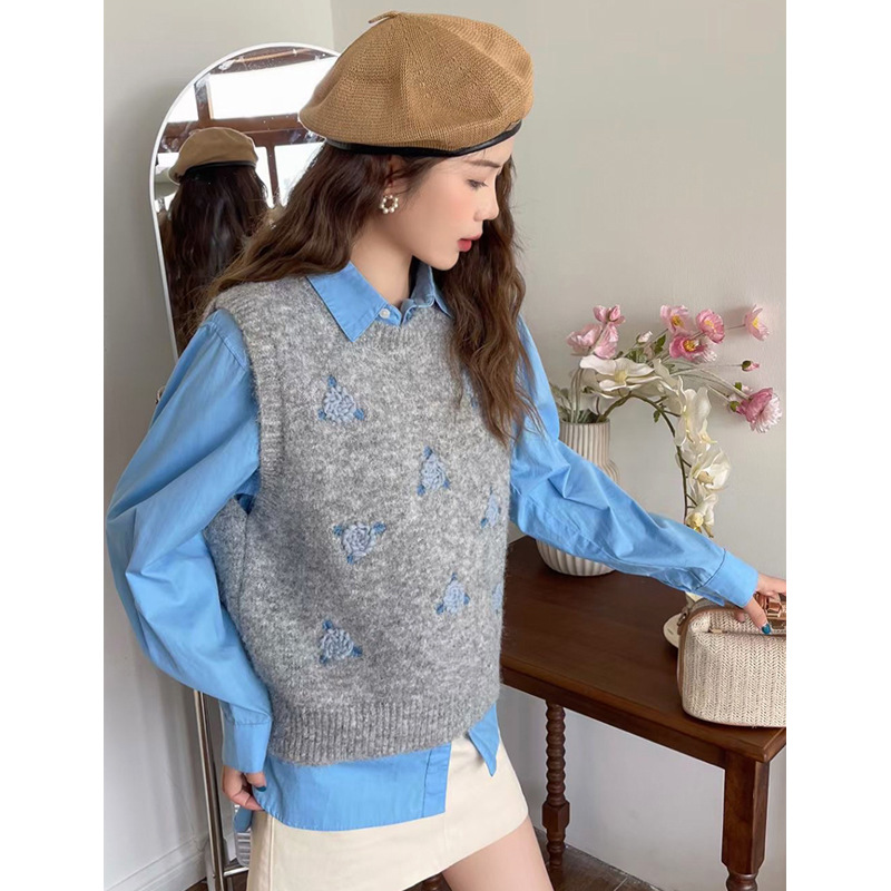 Suéter de bordado de flores retro chaleco de mujer chaqueta suelta primavera y otoño con camisa doblada para usar chaleco de punto suave glutinoso chaqueta