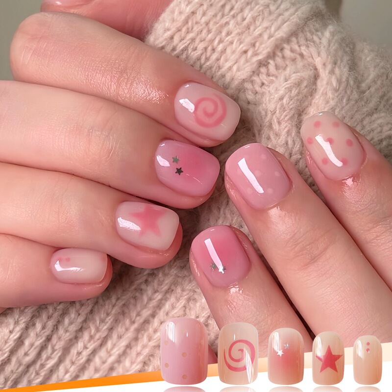 Cross-Border Hot-Selling Square Fake Nails, Sweet and Loveless Swirl Stripes, Cute Stars, Wearable Nails, Finished Products Wholesale