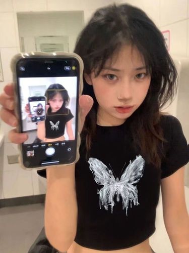 32 pieces of pure cotton sweet and cool butterfly square-shoulder short-sleeve women's summer niche unique slim-fit short top