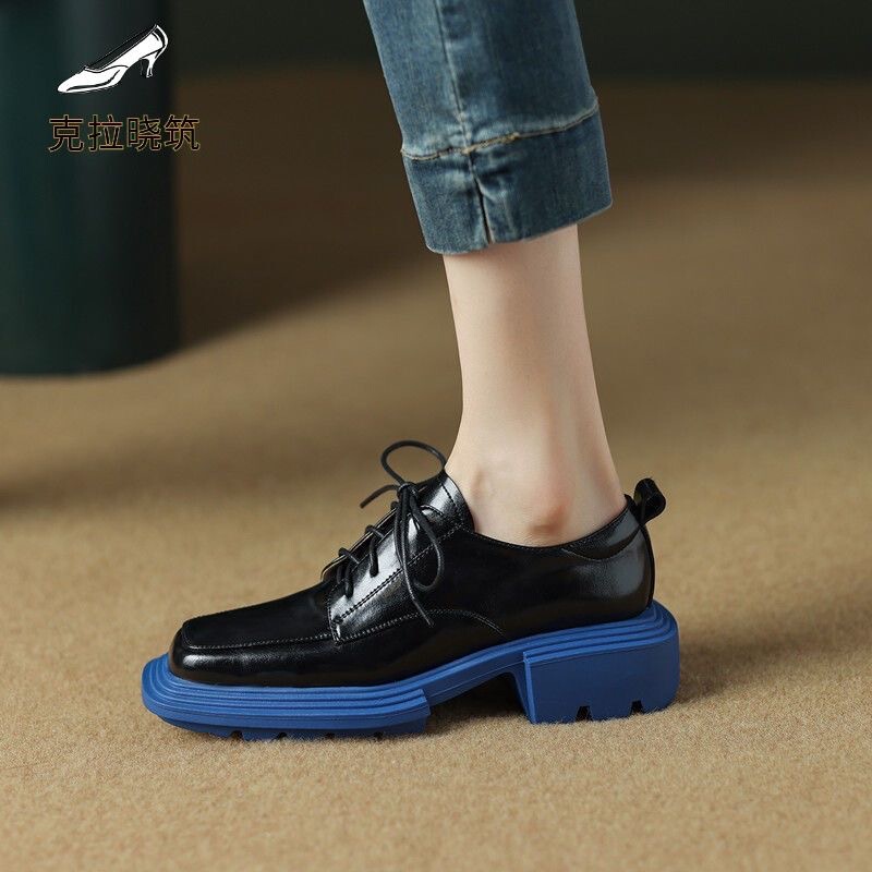 Sister Ran's Clearance Sale ~~~~ Genuine Leather Thick-Soled Lace-Up British Style Small Leather Shoes for Women with Thick Heels and Platform Square Toes in Black