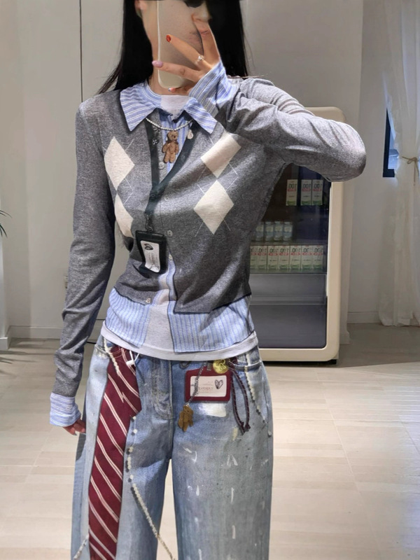 Nanyou 2025 初秋の新デザイン 3D ワークブランド菱形プリントフェイクツーピースフェイクシャツ襟長袖トップ女性用|undefined