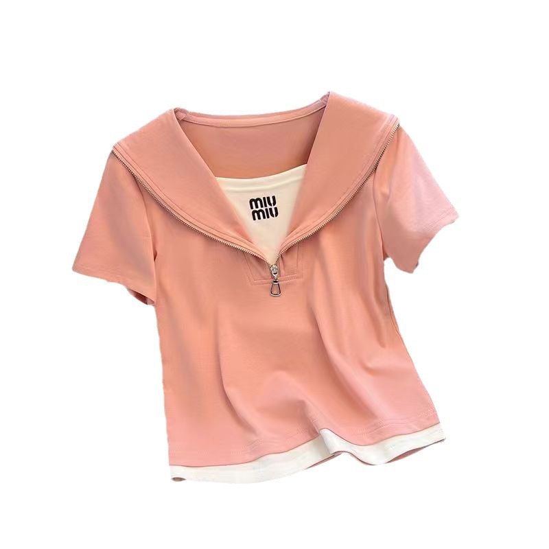 Nueva camiseta de manga corta de dos piezas falsa 2024 verano reducción de edad estilo occidental moda salvaje de manga corta ins mujer de moda delgada