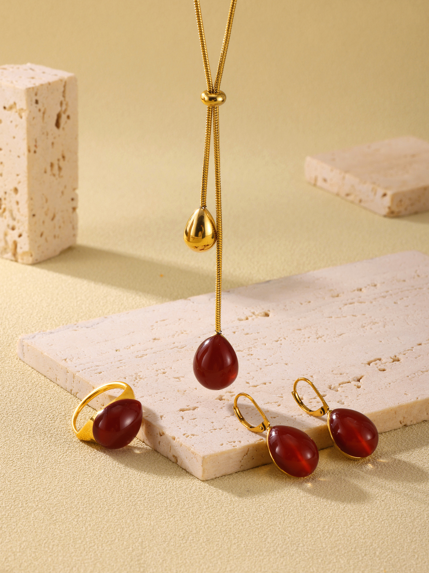 Square Candy Multi-color Droplet Shaped Resin Pendant, Pull-out Sweater Necklace, Ring, Earring, Stainless Steel Set For Women_voghion.com