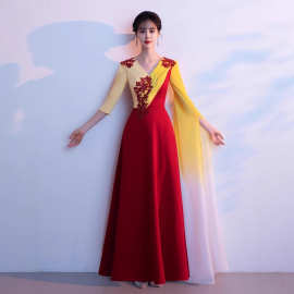 大合唱团演出服女晚礼服长裙红歌独唱成人指挥主持人红色表演服装