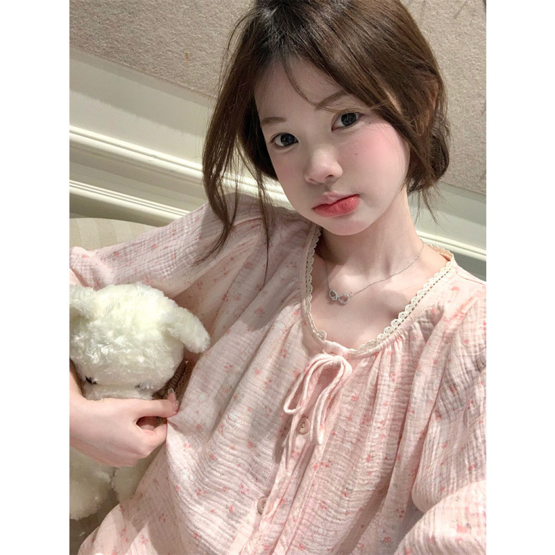 2025 甜美粉色少女蕾丝拼接花边家居服睡衣套装|undefined