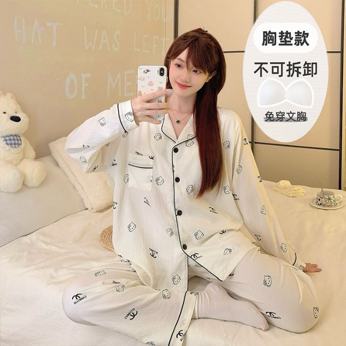 Al por mayor transfronterizo de otoño pantalones de manga larga pijamas casuales de mujer con cojín de pecho cardigan cómodo algodón nubes ropa para el hogar encantadora