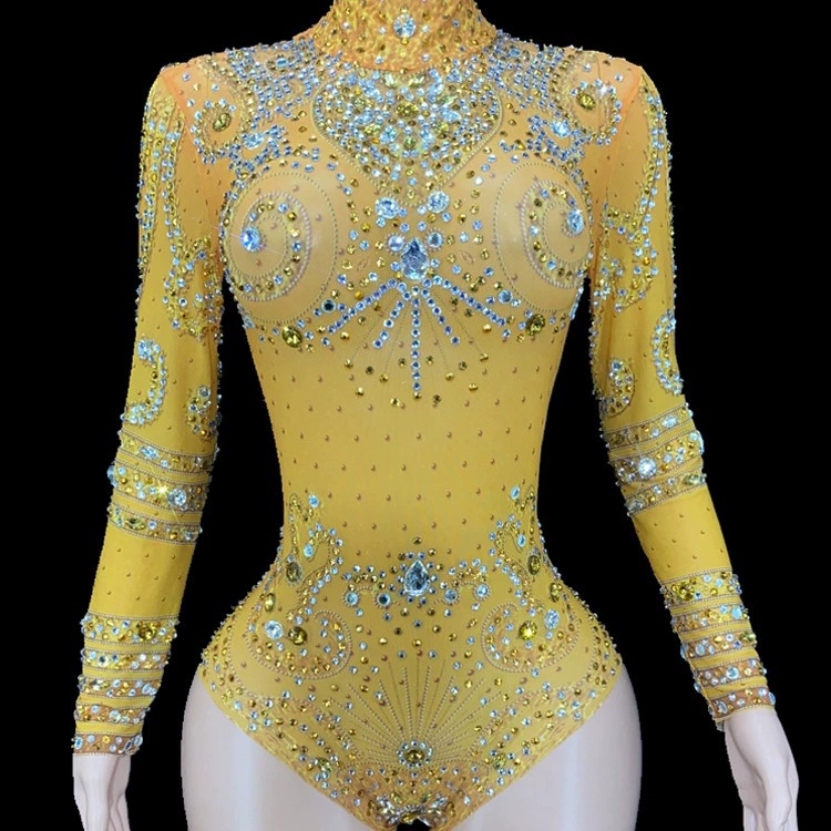 Европейский и американский комбинезон с длинными рукавами и стразами, сексуальный, прозрачный, для выступлений, модный женский бренд, новинка 2025 года