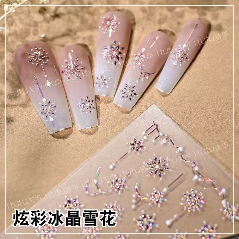 Nuevo colorido cristal de hielo de nieve relieve pegatinas de uñas de invierno Navidad láser de uñas diamante pequeño patrón de copo de nieve