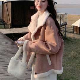 皮粉色羊羔毛外套女秋冬麂皮绒皮毛一体韩系流行设计加绒