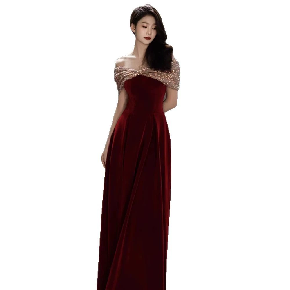 Evening dress burgundy, off‑shoulder French style, open shoulders, long formal gown
