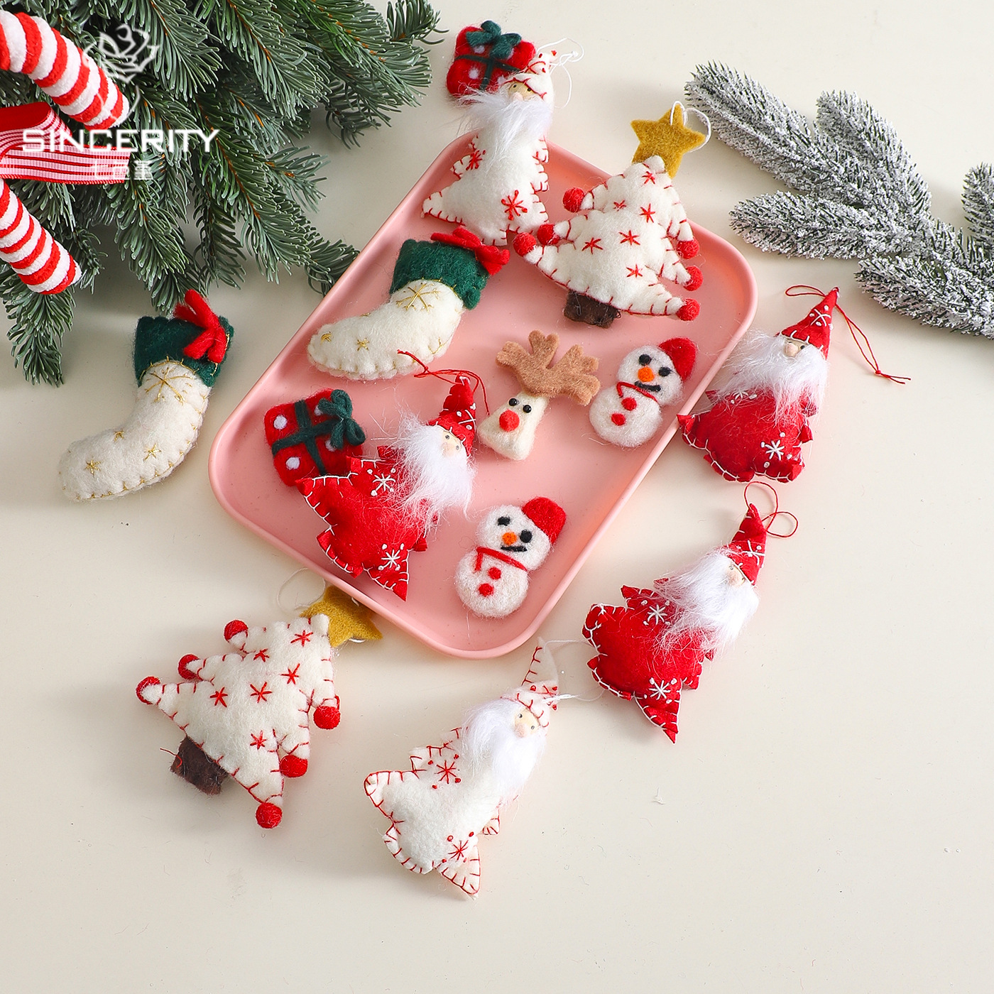 Decoración de árbol de Navidad de siete colores de fieltro de lana embalaje de flores flores floristas diy hecha a mano