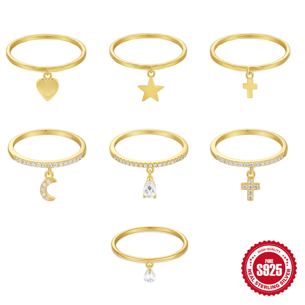 New S925 Sterling Silver Single Row Diamond Moon Star Pendant Engagement Ring Ring Europe and America Hot Sale Light Luxury Ring Ring