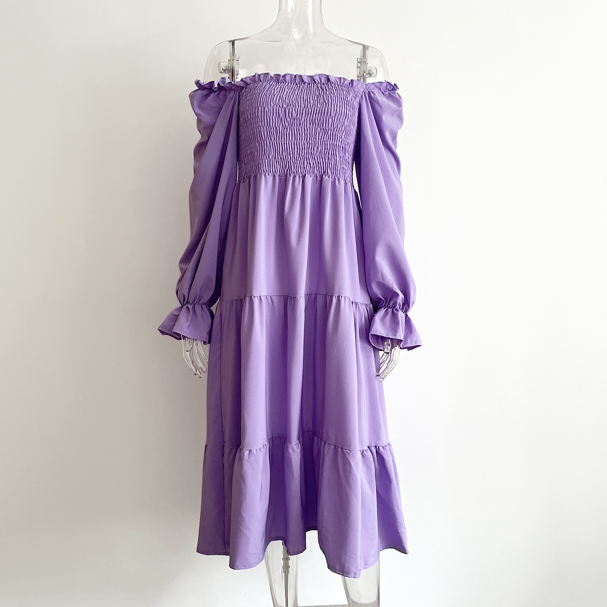 Smocking Dress Ruffled Square Collar Flared Sleeve Layered Large Swing Dress Women Women Clothing