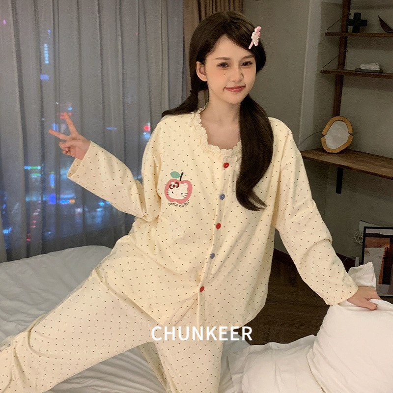跨境长袖睡衣女春秋季新款可爱卡通甜美少女开衫高颜值家居服套装
