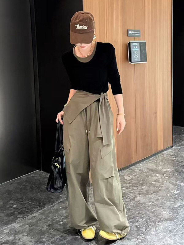 欧货休闲时尚套装女春秋设计感修身披肩长袖上衣阔腿工装裤三件套|undefined
