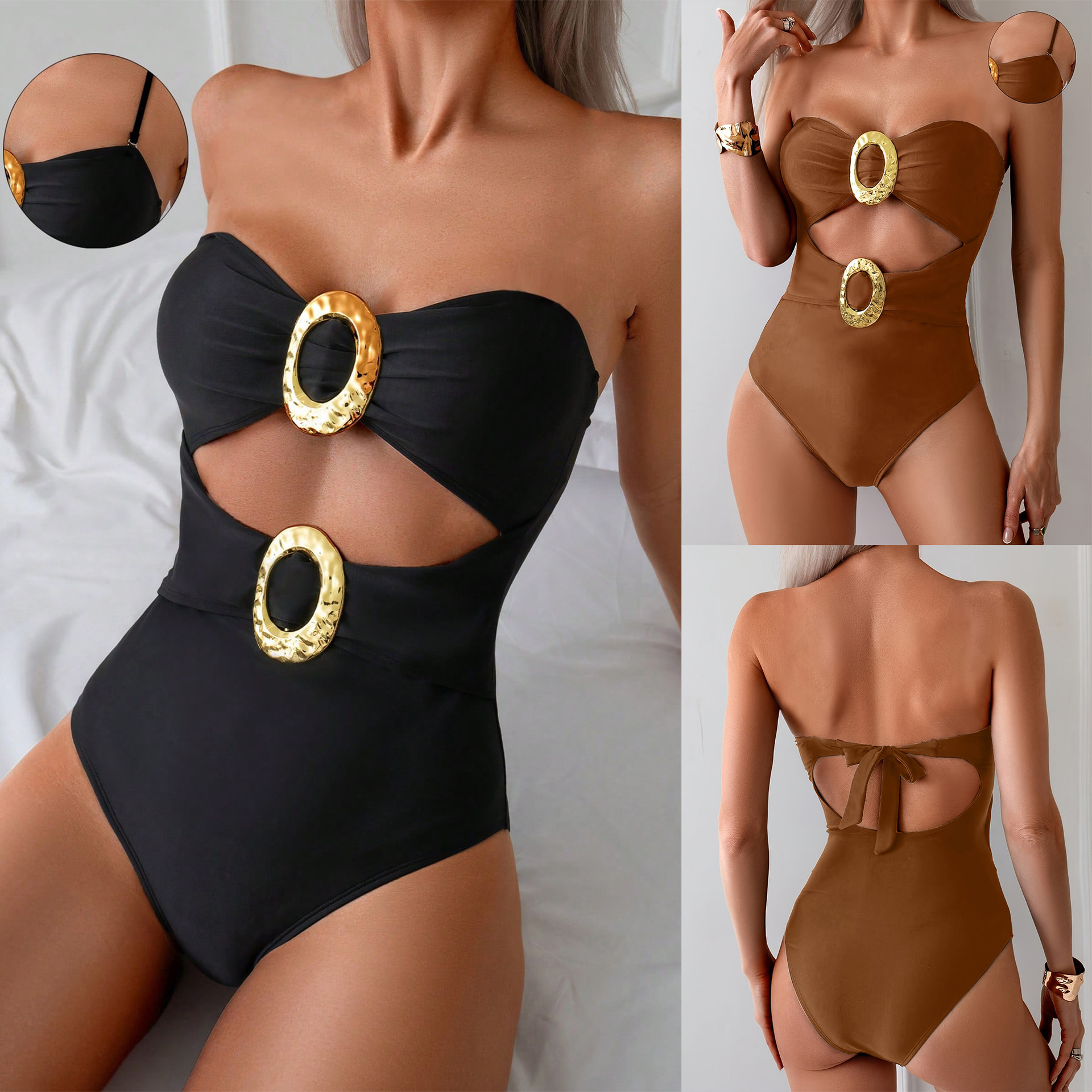 196g Weight Sleeveless Sleeve Length Polyester Fabric Type Short Top Length One-pieces Tops Type 1 Piece Quantity Swimming Pool, Beach Occasion Strap, Strapless Neckline Skinny Fit Type Color Block Pattern Women's Gender Sexy, Beach Style Women's Sexy Beach Color Block 1 Piece One Piece Swimwear 无
