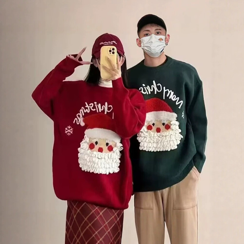 Christmas red and green color-blocked 3D Santa Claus sweater, men's loose-fitting round-neck knit sweater, casual style, couple's outfit, outerwear Christmas red and green color-blocked 3D Santa Claus sweater, men's loose-fitting round-neck knit sweater, casual style, couple's outfit, outerwear