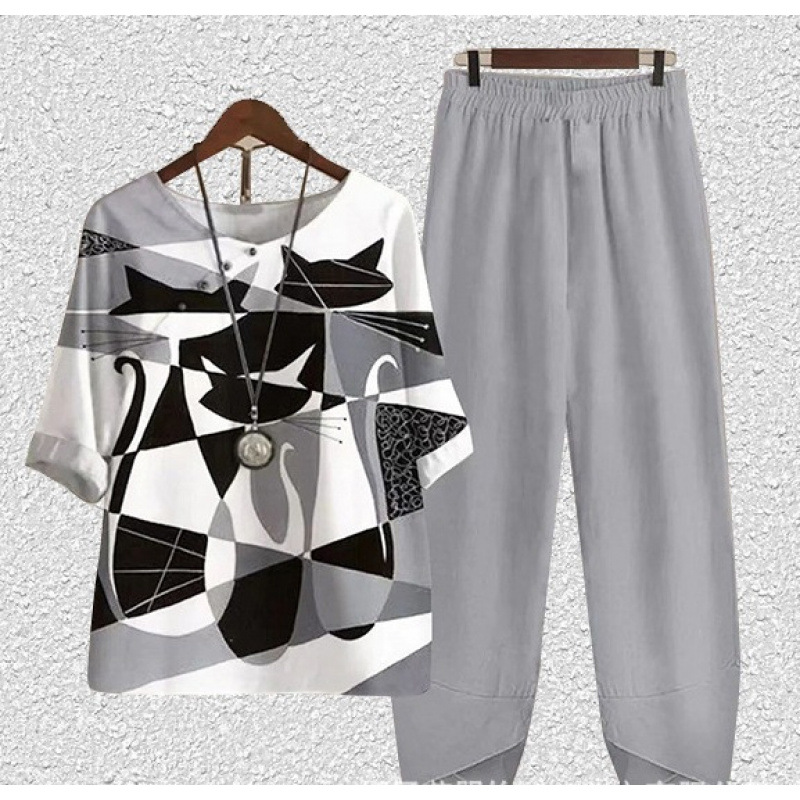 Europa y Estados Unidos trajes casuales de mujer transfronterizos de moda explosiva verano nuevo cinco mangas impresión chaqueta pantalones dos piezas