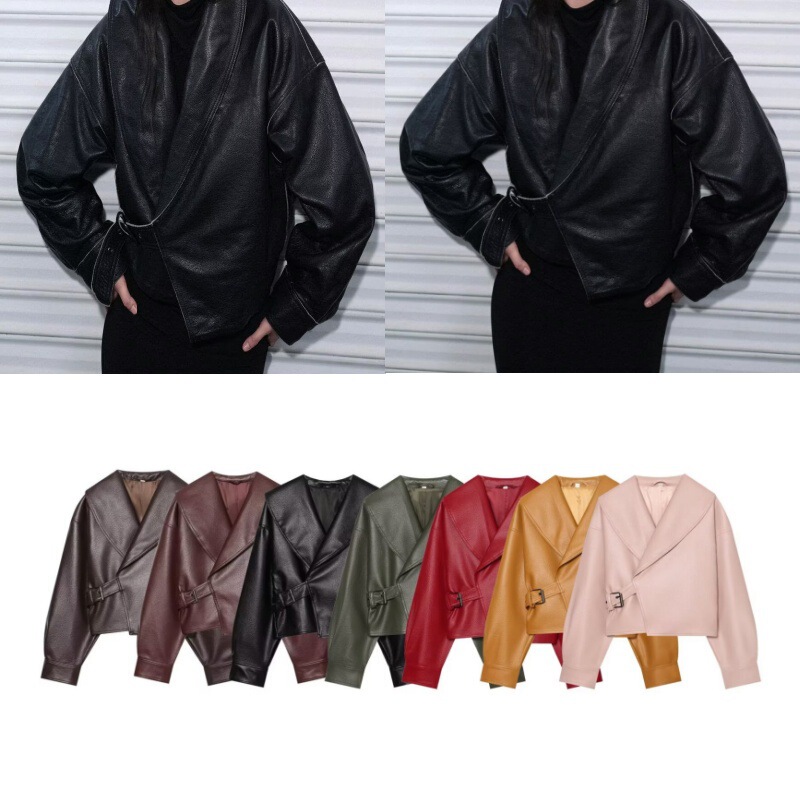 Cross-border wholesale of European and American style, French retro, high-end, fashionable, and versatile PU leather jackets with buckles. 5479248 Cross-border wholesale of European and American style, French retro, high-end, fashionable, and versatile PU leather jackets with buckles. 5479248