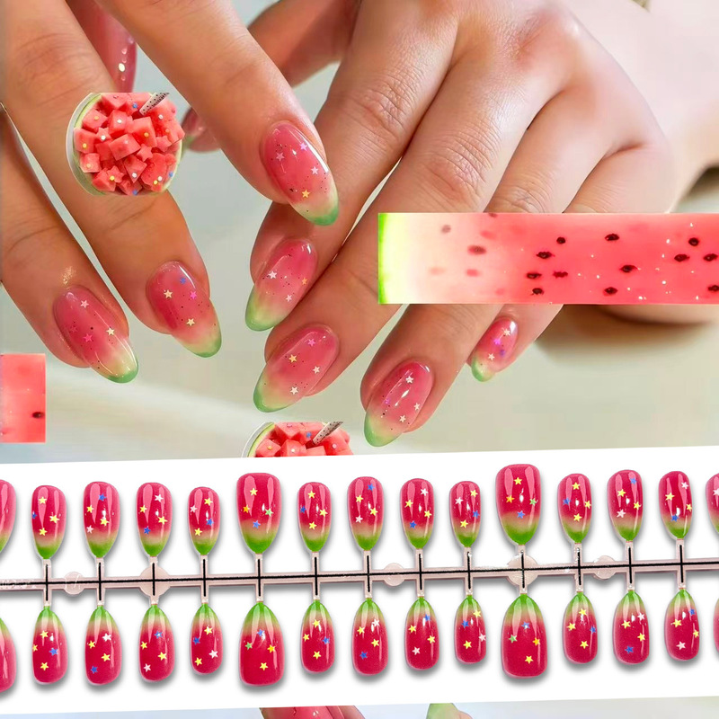Fruit watermelon gradient trendy cute hot girl press-on nails ins cross-border European and American star almond nail patches Fruit watermelon gradient trendy cute hot girl press-on nails ins cross-border European and American star almond nail patches