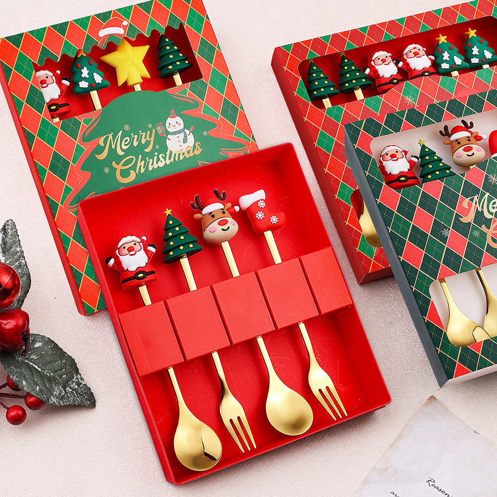 Cuchara transfronteriza de acero inoxidable Santa Claus árbol cuchara de café postre tenedor de fruta muñeca cuchara tenedor vajilla juego de regalo image 3