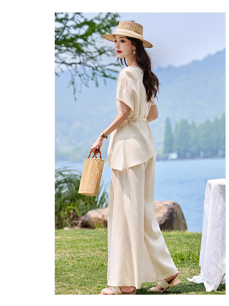 Bộ đầm suông nữ midi tay ngắn cổ tròn thắt eo — màu trắng ngà chi tiết 9