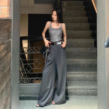 RHGD实拍 银河浮光 名媛气质亮片吊带短款上衣+高腰皮带长裤套装