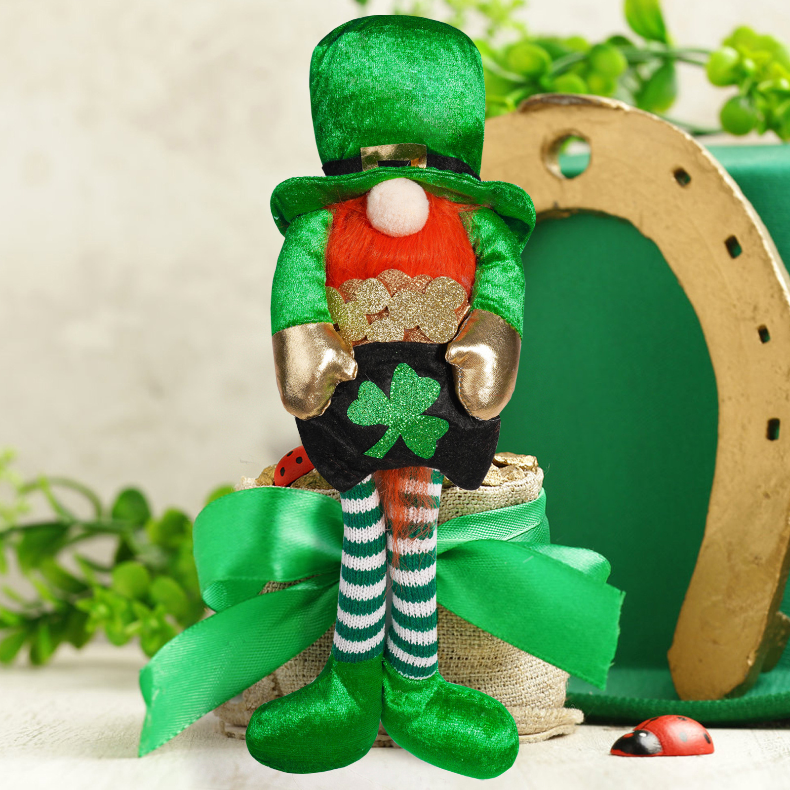 Transfronterizo irlandés día de San Patricio muñecas de piernas largas verdes cuatro hojas adornos enanos Rudolf Home