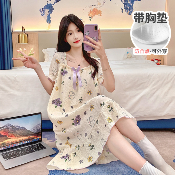 Verano con cojín de pecho espuma pijama de niña de manga corta media y larga ropa de dormir de estudiantes frescos dulces ropa de casa princesa