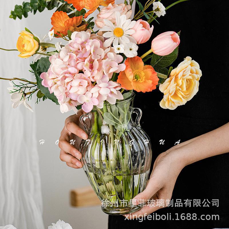 Vaso de vidrio retrógrado europeo en forma de jarro de doble oreja transparente hidropónico francés ramo de flores frescas secas adornos domésticos de gran calibre